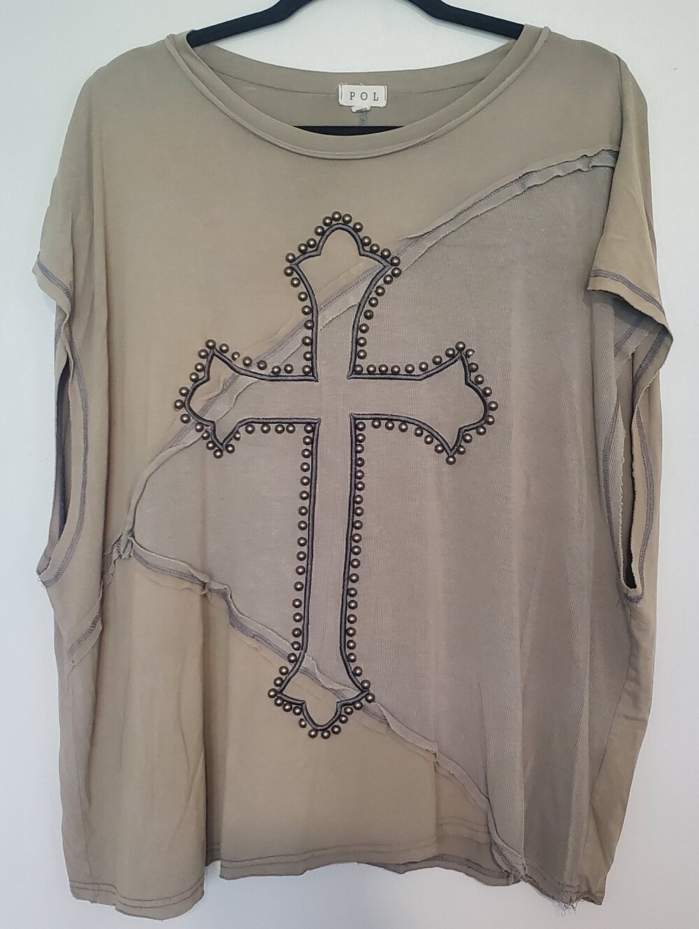 POL Studded Cross Accent Taupe Women's Tee - Picture 2 of 6